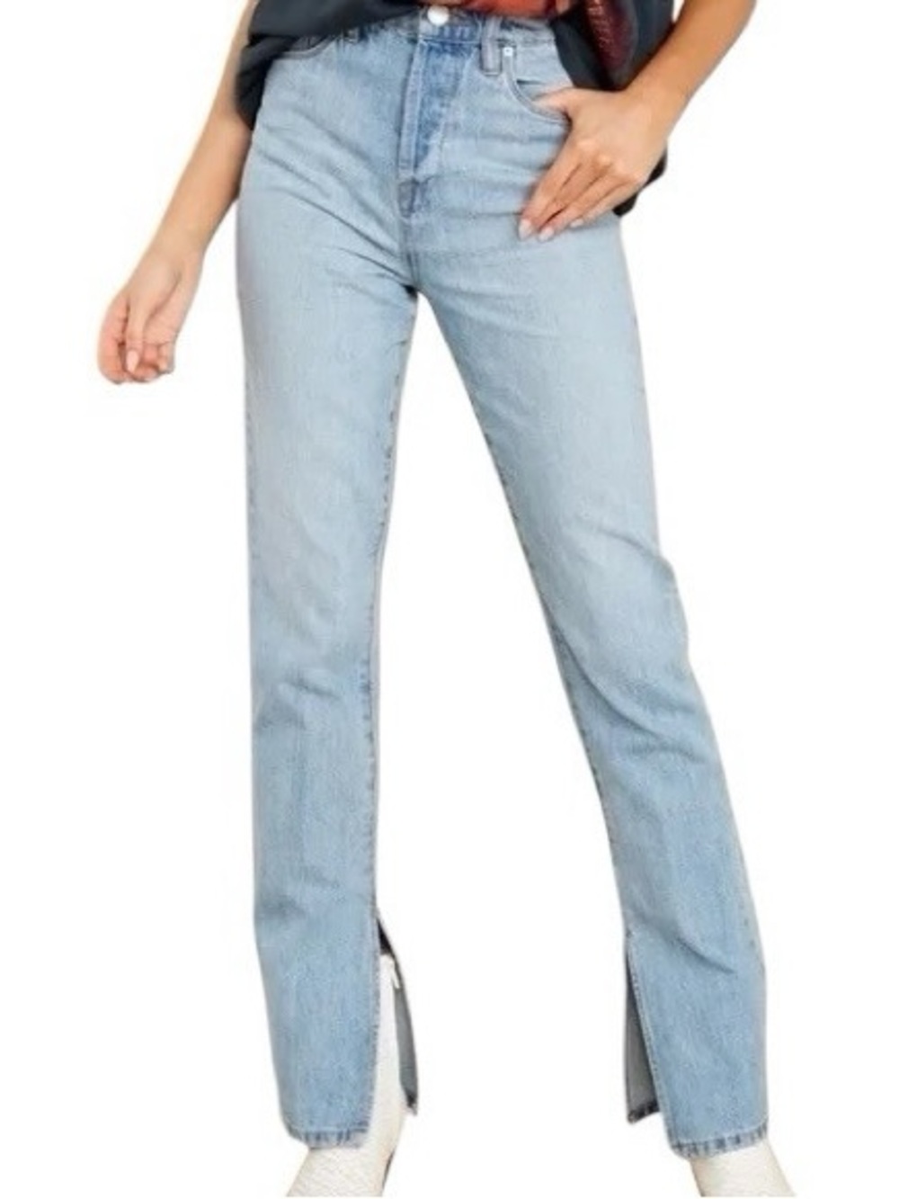 Light Wash High-Rise Straight Jeans with Front Slit